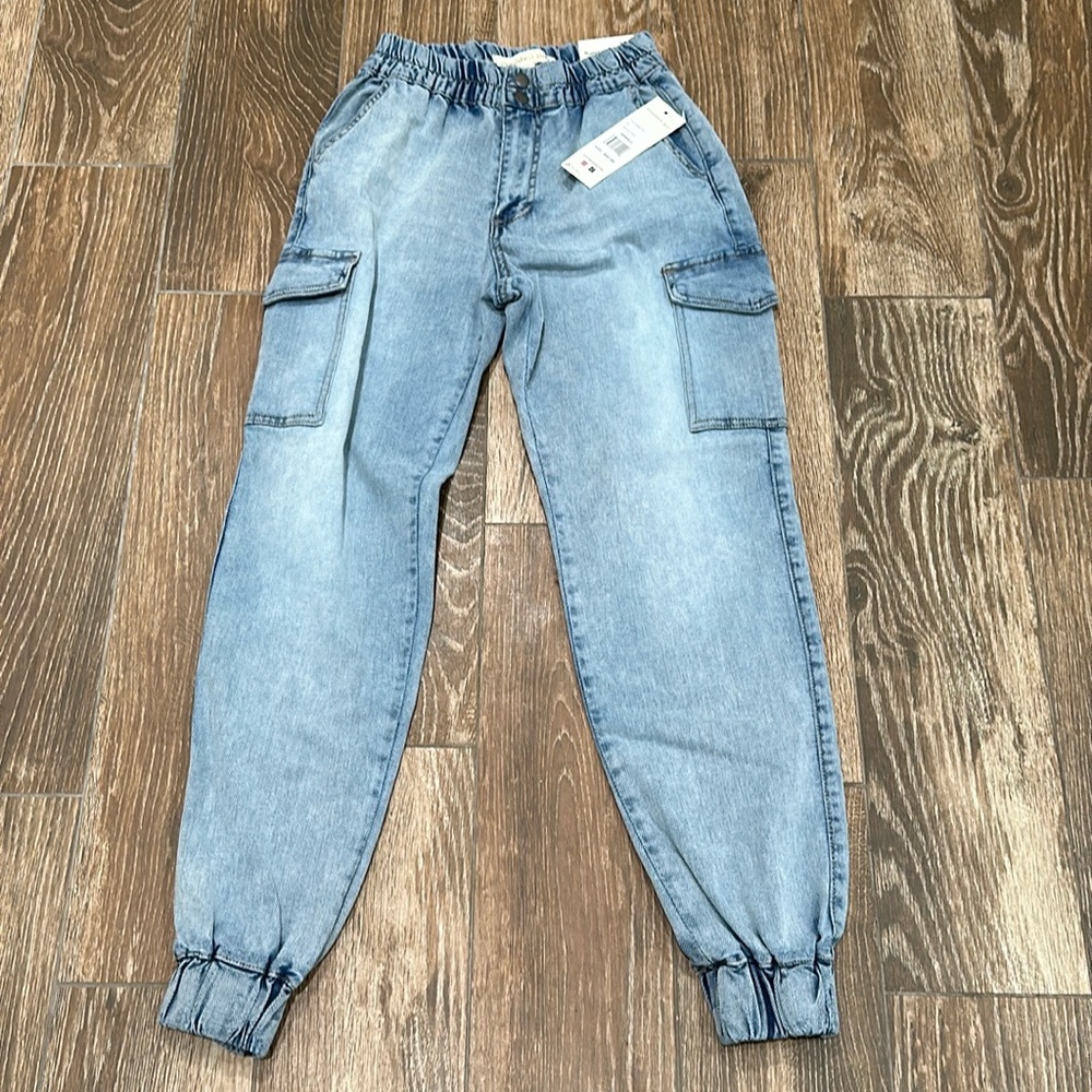 New Women’s Madden Girl Brand Denim Sunday Jogger Cargo Pocket Pants Size XS